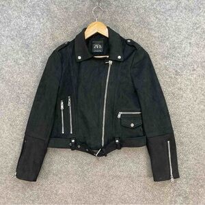 Zara Women's Black Leather Jacket with Silver Accents Size S